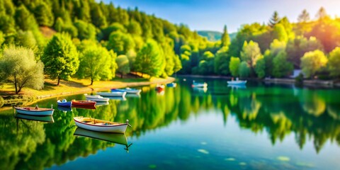 Miniature World: A Serene Lake Reflecting Patience, Tilt-Shift Photography