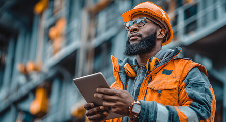 Focused African American Engineer or Worker with Tablet and Safety Gear