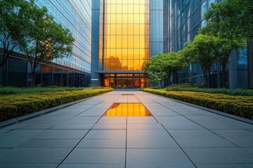 Modern corporate courtyard with reflective glass building and golden sunset reflected in windows and water feature surrounded by manicured greenery