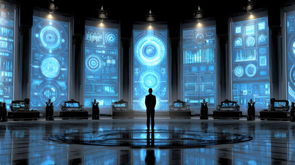 Futuristic control room filled with glowing screens and holographic displays, person standing in front of technology, advanced interface with data visualization.