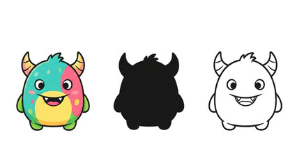 flat funny design monster fullcolor with silhoutte and outline art on transparant background