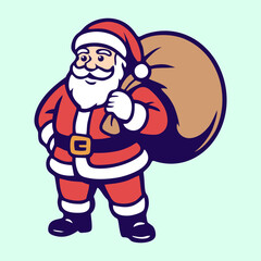 Cartoon vector illustration of Santa Claus running with a big sack of gifts, perfect for Christmas holiday themes, greeting cards, festive designs, and seasonal decorations