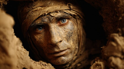 Close up of a mummy's face with glowing eyes, representing ancient curses and horror. Halloween costume and supernatural concept for spooky stories.