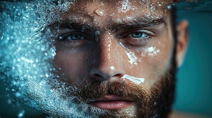 Close-up of a bearded man's face submerged in water with bubbles and droplets covering his skin conveying intensity and calmness