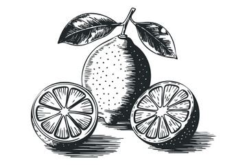 Hand drawn sketch of a whole lemon with leaves and two sliced halves. Vector hand drawn