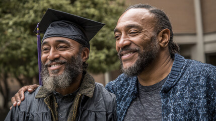 Celebratory moment between proud father and son wearing graduation attire outdoors with greenery in the background, highlighting a significant educational achievement.
