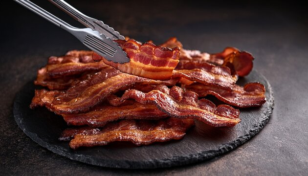 Pile Of Cooked Back Bacon With Tongs