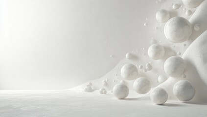 Cluster of white marble spheres floating and resting on smooth white textured surface with gentle shadows in bright minimalistic space