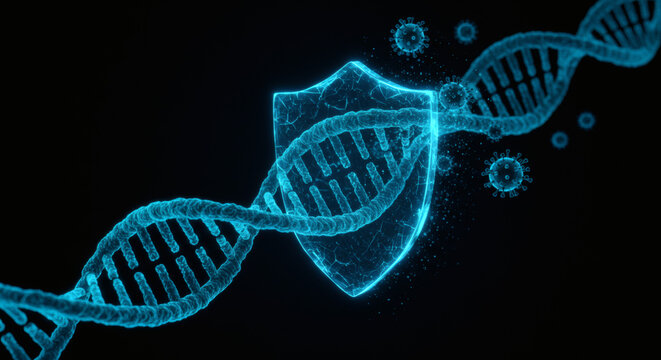 Abstract representation of genetic defense, featuring a glowing blue shield protecting a DNA double helix from viral pathogens in a digital environment