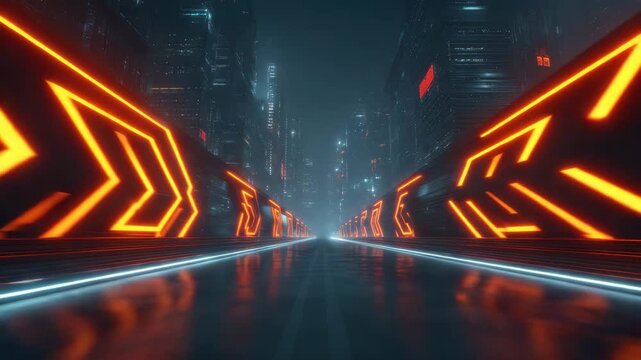 Futuristic city street glowing neon lights wet reflective pavement under dark misty night sky creating mysterious high tech atmosphere with tall buildings and glowing orange arrow lights
