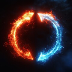 Two curved arrows made of fiery flames, one in red fire and the other in blue ice, facing each other against a dark smoky background conveying dynamic contrast and energy flow
