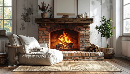 Fototapeta premium Cozy living space showcasing a brick fireplace with a burning fire, comfy chair, small table, and a wooden mantle