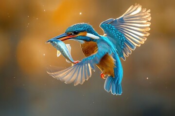 Fototapeta premium vibrant blue and orange kingfisher bird in mid-flight holding a small silvery fish in its beak against a blurred golden background