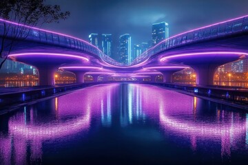 Futuristic cityscape at night with a glowing purple neon-lit bridge reflecting on calm water below and tall modern buildings in the background under a misty sky