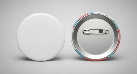 Blank white round pinback button mockup showing both the front and the metal back with a safety pin clasp.