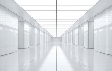 Obraz premium Bright and clean modern corridor with white reflective floor and ceiling, featuring symmetrical design and illuminated panels creating a spacious atmosphere