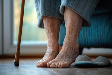 Close-up of elderly person's bare feet and ankles showing wrinkles, seated indoors with slippers nearby and a wooden walking cane for support