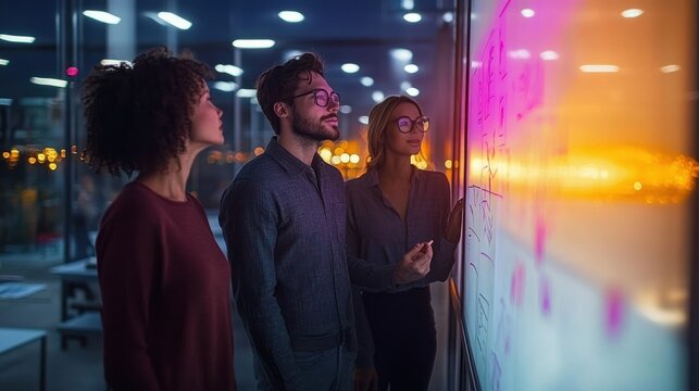 Three young professionals attentively collaborating on a project by writing and discussing ideas on a transparent board in a modern office at night with city lights visible through the window