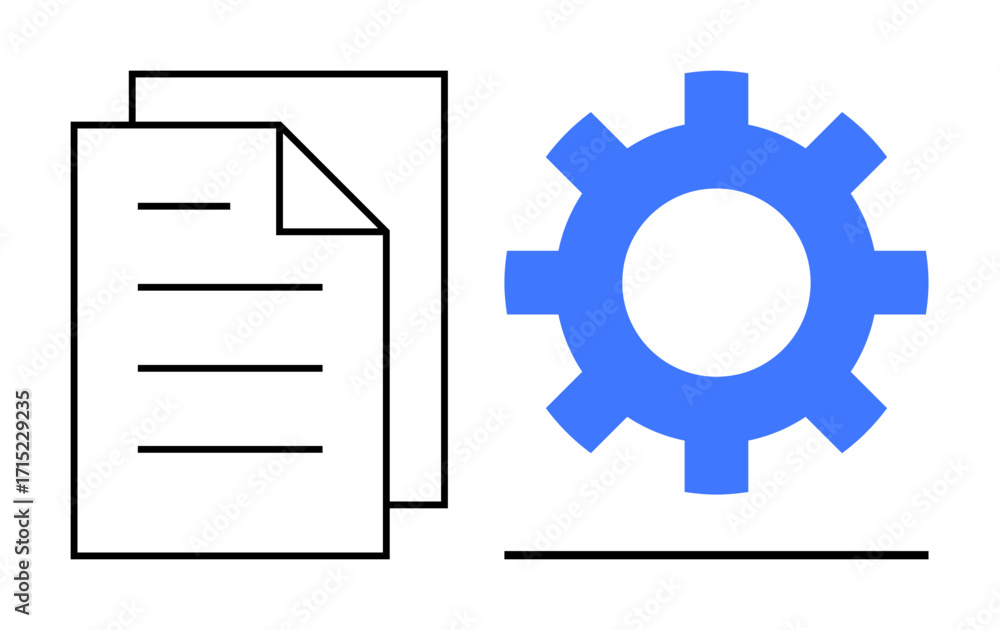 Aufkleber two stacked documents paired with a blue gear icon representing document processing, system settings