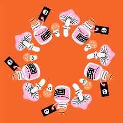 Simple Halloween circle frame. Cute Halloween frame border on orange background. The round vector design with soft colors, perfect for spooky autumn decorations, banners, stickers, ads, sale.