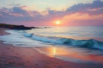 Peaceful sunset over a sandy beach with gentle waves and calm ocean under a colorful cloudy sky