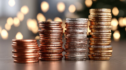 Stacks of Coins in Various Colors Displayed on a Wooden Surface With Blurred Lights in the Background