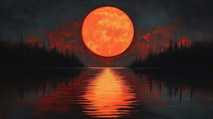 Large glowing orange moon rising over dark forest reflected on calm water under a moody sky