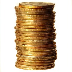 Close-up view of a tall, uneven stack of shiny gold coins against a white background showing layered textures and metallic edges