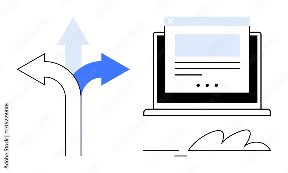 Poster arrows pointing in multiple directions beside a laptop with an open webpage. ideal for decision-maki