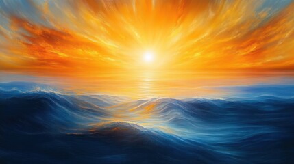 Obraz premium Vivid ocean waves under a bright, fiery orange and yellow sunset with radiant light reflecting on the water's surface, evoking calm and awe