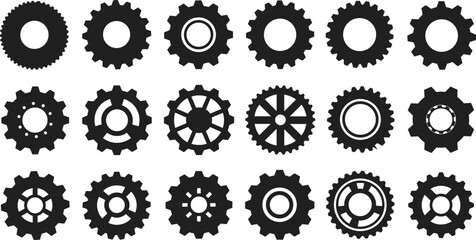 Black gear icons, mechanical cogwheels, industrial machinery symbols, engineering parts, vector illustration, technology design elements, precision equipment, settings concept, machine components 
