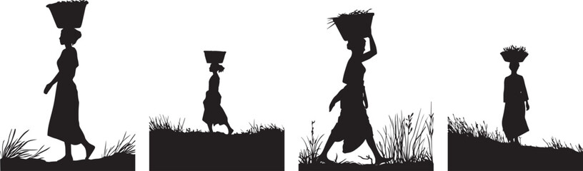 Women silhouettes carrying baskets on head vector illustration art