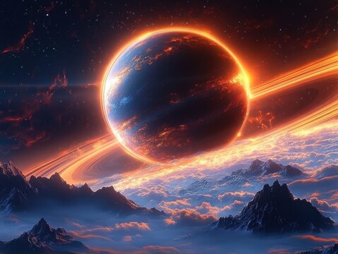 Fiery glowing planet with bright orange rings rising above misty mountain peaks surrounded by clouds and starry night sky