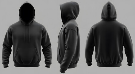 Three views of a plain black hooded sweatshirt, showcasing the front, side, and back.