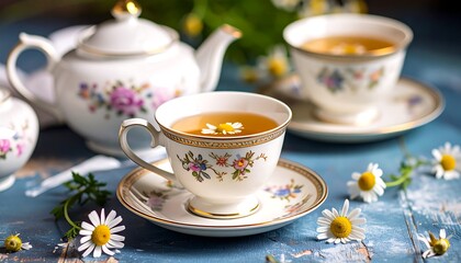 Floral Chamomile Tea in Vintage Teacups and Teapot