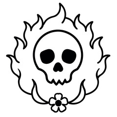 Fiery skull illustration with flames and bold typography