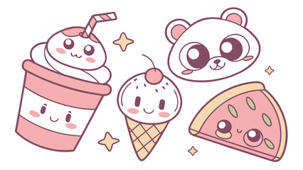 Cartoon vector illustration of ice cream set with strawberry and cherry for dessert and celebration design