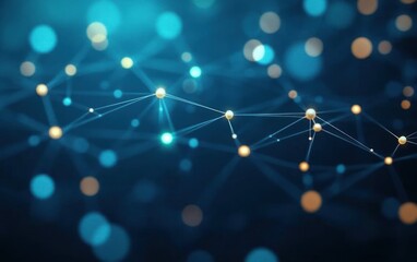 Abstract digital network with interconnected glowing nodes and lines on a dark blue background, symbolizing data connections and technology