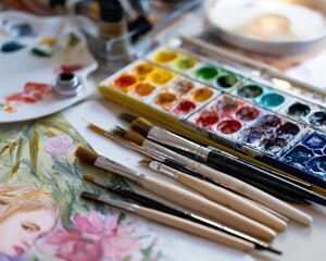 Obraz premium Painting action with brushes and watercolors on art table studio photography creative environment close-up perspective