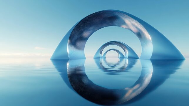 Futuristic metallic arch structures reflecting on calm water under a clear blue sky, creating a serene and harmonious atmosphere