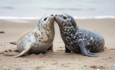 Two spotted seals on sandy beach touching noses in affectionate gesture near ocean shore