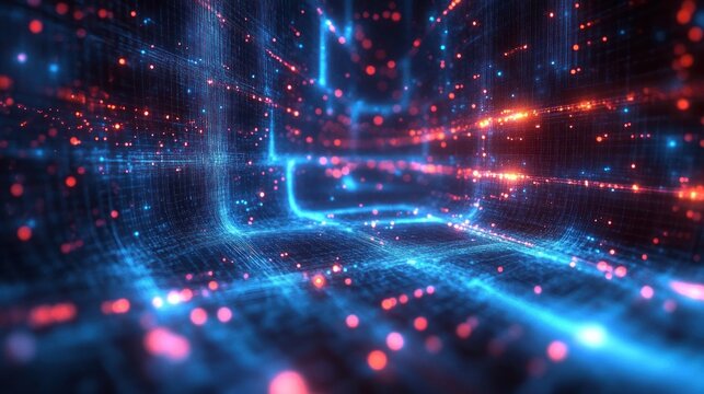 Abstract digital tunnel with glowing blue grid lines and scattered red light particles creating a futuristic and dynamic atmosphere