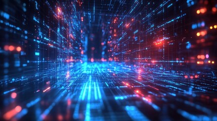Fototapeta premium Futuristic digital data tunnel with vibrant blue and red glowing lines creating a sense of movement and depth in a high-tech environment