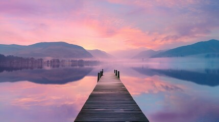 Obraz premium Serene sunrise reflection over calm lake nature landscape photography tranquil environment panoramic view