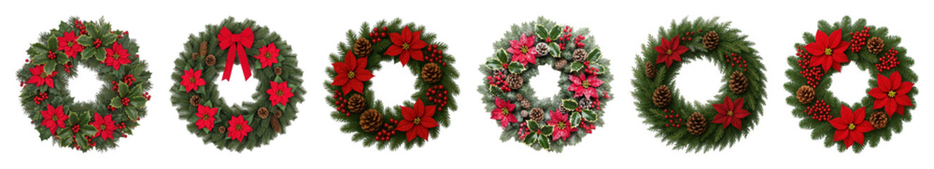 Christmas wreath set including poinsettia, holly, berry, pinecone, and ribbon designs isolated. Festive holiday decoration collection.