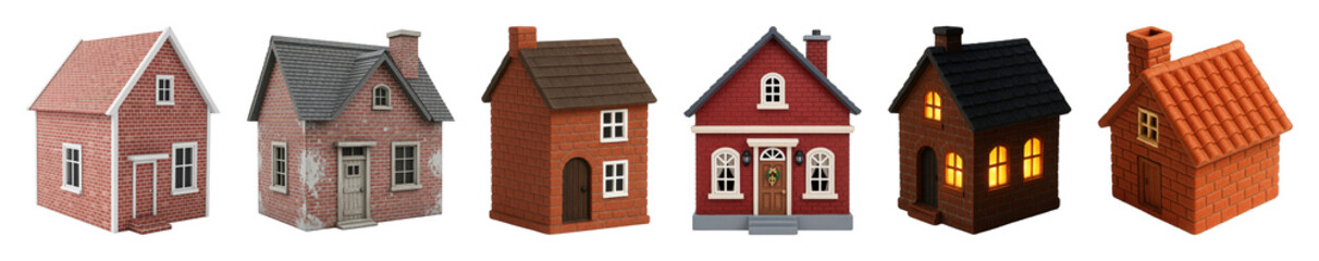 Miniature brick house set including various architectural styles, roof types, and colors isolated. Residential property and community collection.