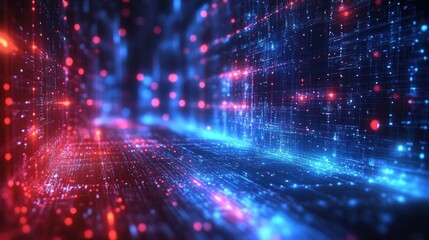 Abstract digital space with glowing blue and red light particles and lines creating a futuristic data grid environment
