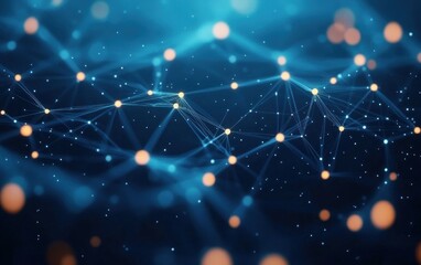 Obraz premium Abstract network of glowing nodes connected by light beams over a dark blue background, representing digital data flow and interconnected technology