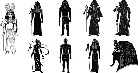 Ancient Egyptian pharaoh silhouette vector illustration, mythology gods design, cultural heritage art, black figures, archaeology history, traditional egypt royalty icons