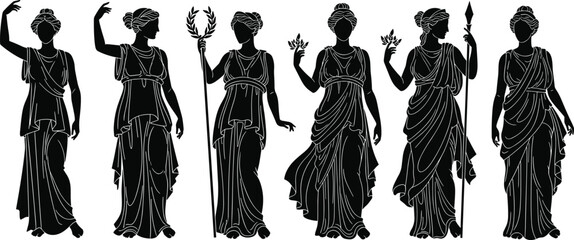 Ancient Greek Roman goddess women silhouette illustration, classical female figures with laurel wreath, staff and flowers, mythology art, antique culture design